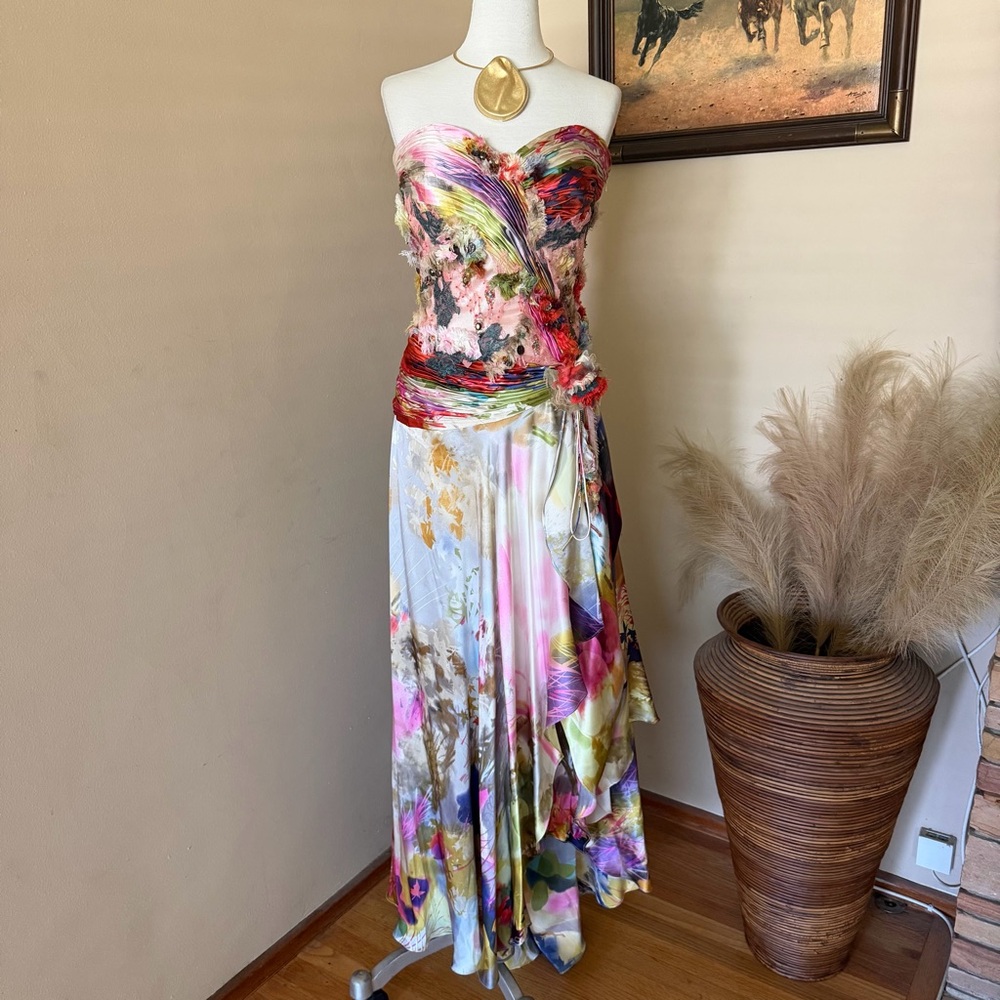 Terani CoutureMulticolor Strapless Floral Silk Maxi Dress
